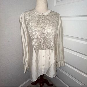 RICH RADI Q’S Sequins Embellished Bib Button Front Long Sleeve Blouse Shirt Top